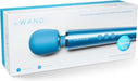 Le Wand Petite rechargeable vibrating massager in blue with USB charging and travel-friendly design in product packaging.