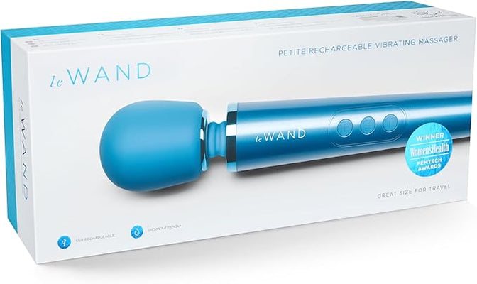 Le Wand Petite rechargeable vibrating massager in blue with USB charging and travel-friendly design in product packaging.