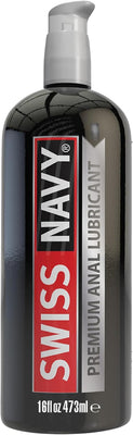 16 oz black bottle of Swiss Navy premium silicone anal lubricant with a gray pump dispenser.
