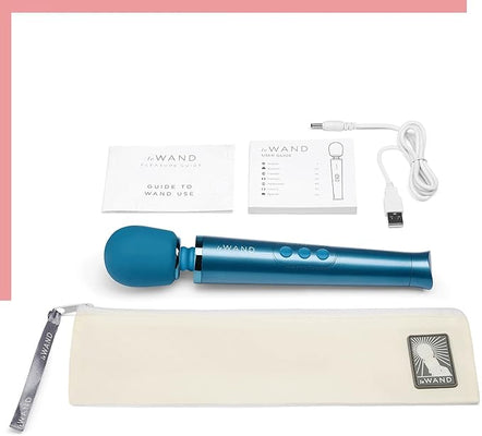 Blue Le Wand Petite rechargeable massager with USB charging cable, user guides, and a white storage pouch on a white background.
