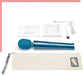 Blue Le Wand Petite rechargeable massager with USB charging cable, user guides, and a white storage pouch on a white background.