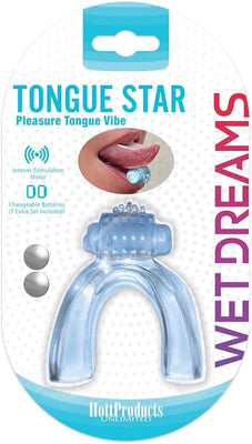 Tongue Star Pleasure Tongue Vibe in clear blue with intense stimulation motor, shown in packaging with batteries included.