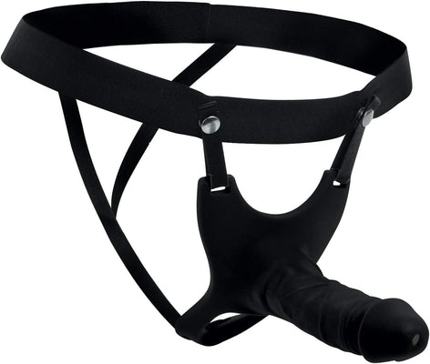 Black hollow silicone dildo strap-on with adjustable nylon harness and secure snap fasteners.