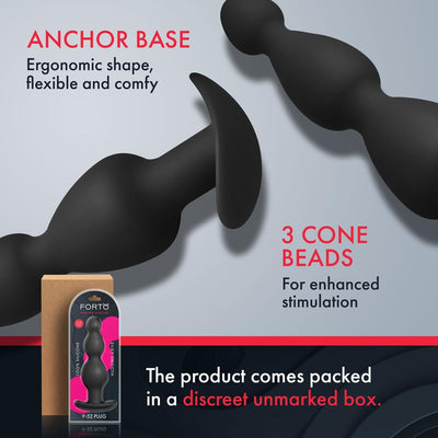 Black FORTO F-52 cone beads with ergonomic anchor base and discreet packaging for comfortable, safe use and enhanced stimulation.