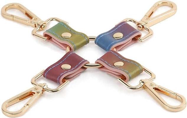 Spectra Bondage Hogtie restraint with rainbow-colored synthetic straps and gold-tone metal clips and hardware.