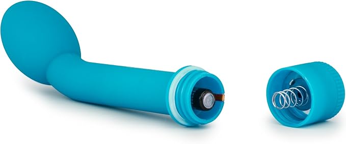 Blue G Slim Petite vibrator with satin finish, showing open battery compartment and cap beside it.