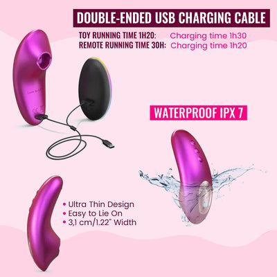 Love To Love Dreamer berry-colored ultra-thin waterproof vibrator with remote and double-ended USB charging cable.