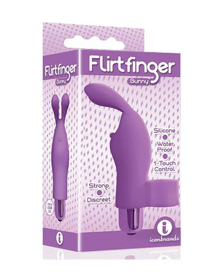 Packaging of The 9's Flirt Finger Bunny Finger Vibrator in purple with product image and key features listed.