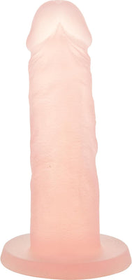 Peach-colored silicone dong with strong suction base, 5.5 inches long, designed for versatile use and easy cleaning.
