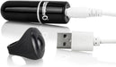 Black Charged Vooom bullet vibrator with USB charging cable and black remote control finger ring on white background.