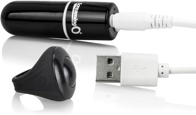 Black Charged Vooom bullet vibrator with USB charging cable and black remote control finger ring on white background.