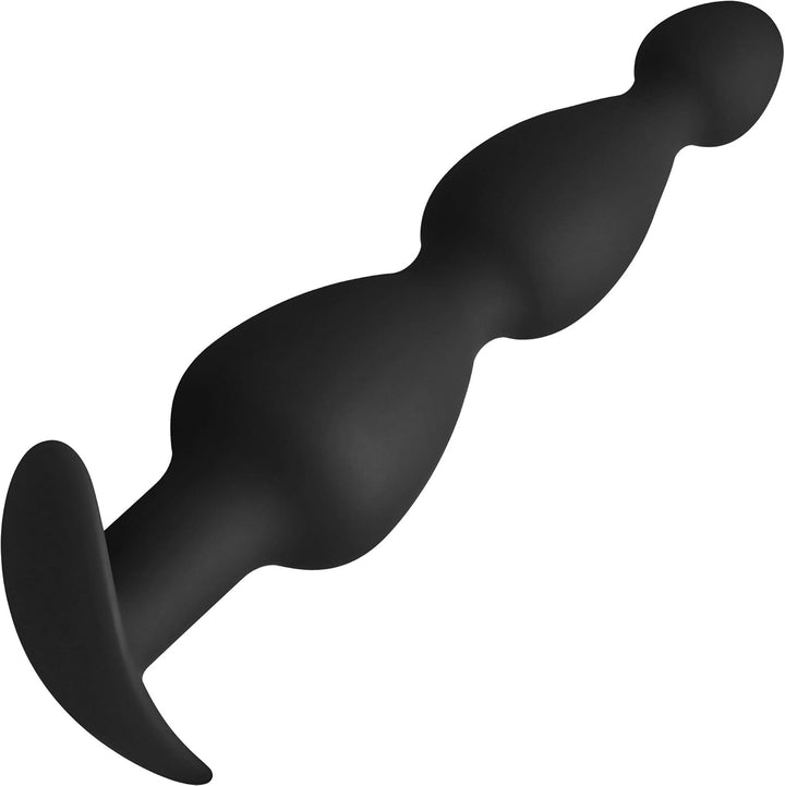Black silicone FORTO F-52 cone-shaped anal beads with flared base for safe, comfortable wear.