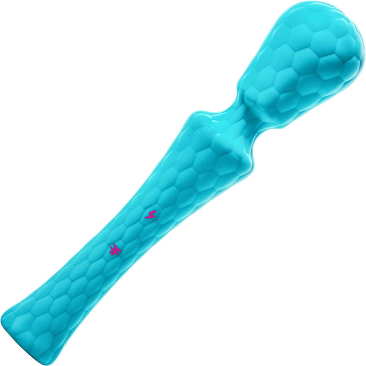 Blue textured silicone personal massager wand with ergonomic handle and flexible head.