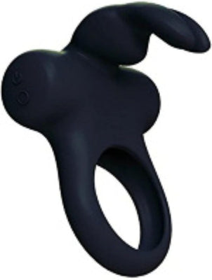 Black silicone rechargeable vibrating ring with bunny ear stimulator and control buttons.