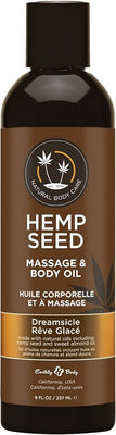 Bottle of Earthly Body Hemp Seed Massage & Body Oil in Dreamsicle scent, 8 oz with brown label and black cap.