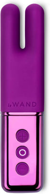 Le Wand Deux dual-ended purple mini vibrator with control buttons and sleek metallic base.