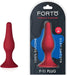 Red silicone FORTO F-11 Lungo anal plug with tapered shape and flared base, shown with packaging.