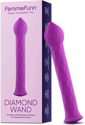 Purple textured flexible wand vibrator with diamond pattern and pointed tip next to its Femme Funn Diamond Wand packaging box.