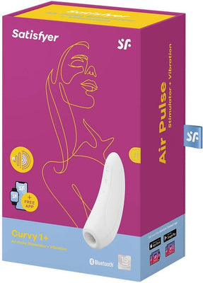 Packaging of Satisfyer Curvy 1+ white air pulse stimulator with Bluetooth and app control, purple and blue box design.