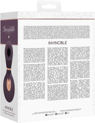 Packaging box of Shots Irresistible Invincible clitoral vibrator in purple, showing product image and detailed multilingual description.