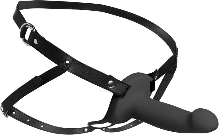 Black adjustable PU leather harness with smooth silicone vibrating penis sheath and remote control.