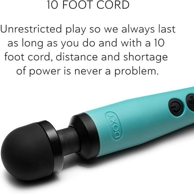 Turquoise Doxy USB-C Wand with black silicone head and control buttons, highlighting its 10-foot power cord for unrestricted use.