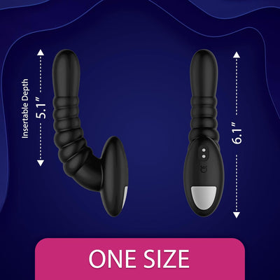 Black ribbed vibrating massager with ergonomic design, showing 5.1-inch insertable depth and 6.1-inch total length measurements.