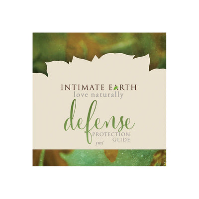 Intimate Earth Defense Protection Glide 3ml sample packet with natural green and beige design.