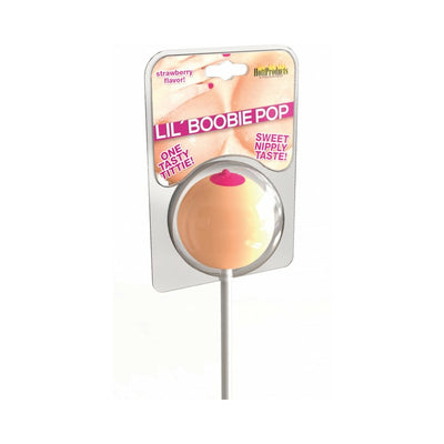 Strawberry flavored novelty lollipop shaped like a breast with pink nipple detail in clear packaging.