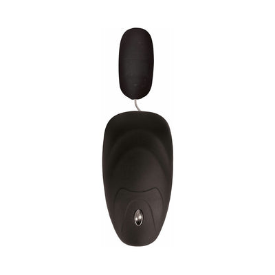 Black ergonomic remote control with attached oval vibrating bullet for personal use.