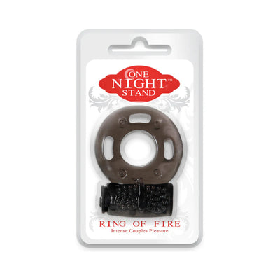One Night Stand Ring of Fire vibrating couples pleasure ring in clear packaging with red and white branding.