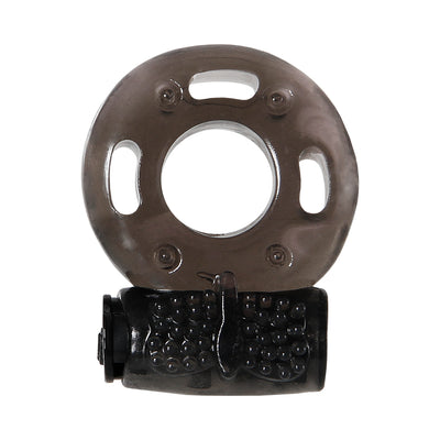 Black stretchy vibrating ring with textured bullet vibrator for enhanced couples pleasure.