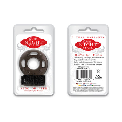 One Night Stand Ring of Fire stretchy black couples pleasure ring with vibrating bullet in clear retail packaging front and back view