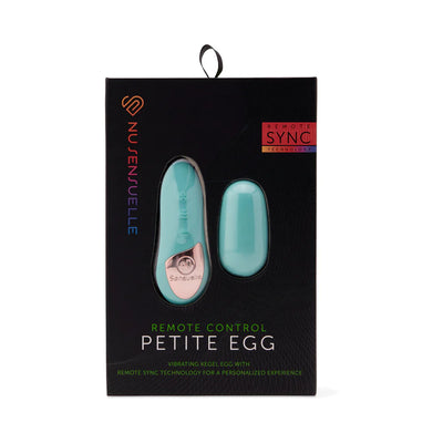 Nu Sensuelle Remote Control Petite Egg in teal with matching remote in black packaging with colorful logo and text.