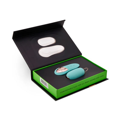 Nu Sensuelle Remote Control Petite Egg in teal with rose gold accents displayed in open black and green box.