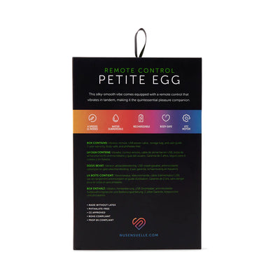 Nu Sensuelle Remote Control Petite Egg packaging highlighting features like 4 speeds, water submersible, rechargeable, and body-safe design.