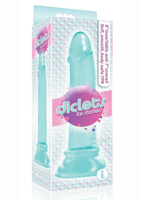 Light blue 7-inch jelly TPR beginner-friendly dong with suction base in playful polka dot packaging.