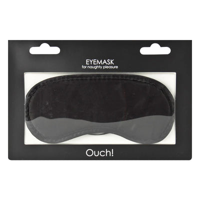 Black soft polyester eye mask in clear packaging labeled for sensual use, designed for comfort and sensory play.