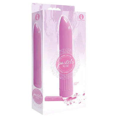Pastel rose-colored 7-inch single-speed vibrator in sleek, compact design with ridged base, shown in product packaging.