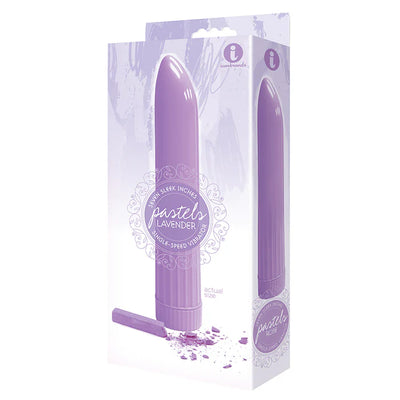 Packaging of a pastel lavender single-speed vibrator with a sleek 7-inch design shown at actual size.