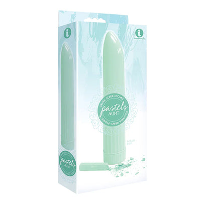 Pastel mint green 7-inch single-speed vibrator in sleek, compact design with ribbed base, displayed in matching packaging.
