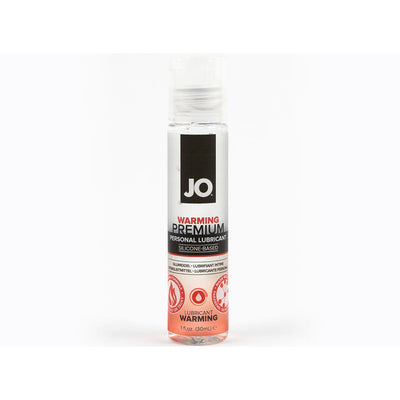 Jo Premium Warming Silicone-Based Personal Lubricant in a clear 1 oz bottle with black and orange label details