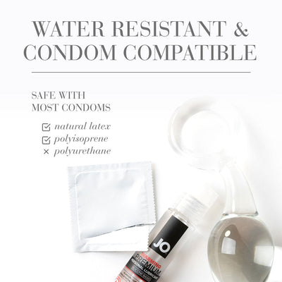 Jo Premium Warming Silicone Lubricant tube with condom packet and clear liquid drop, highlighting water resistance and condom compatibility.
