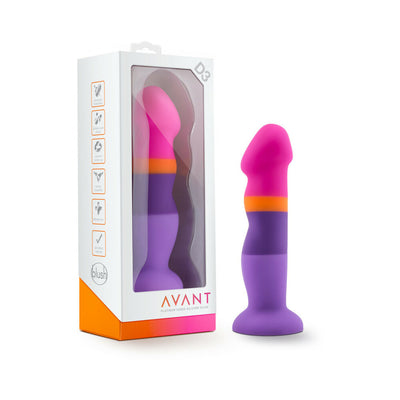 Avant D3 Summer Fling silicone dildo in vibrant pink, orange, and purple with curved design and suction base next to its packaging.