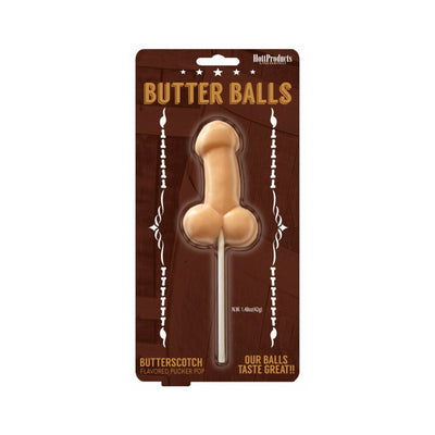 Butterscotch-flavored novelty lollipop shaped with playful design in brown packaging labeled Butter Balls Pecker Pop