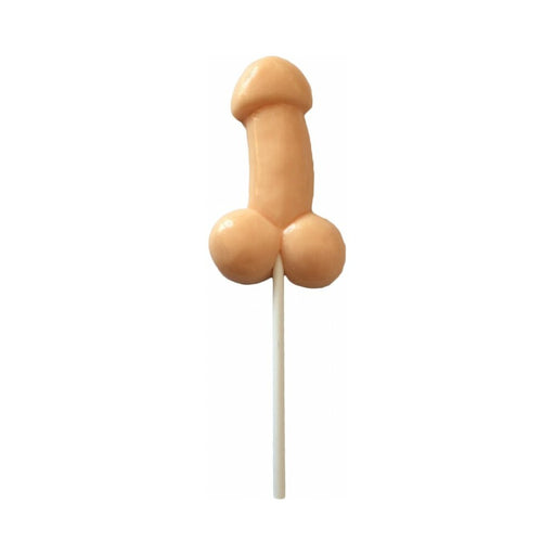 Butterscotch-flavored novelty lollipop shaped with playful design on a white stick against a white background.