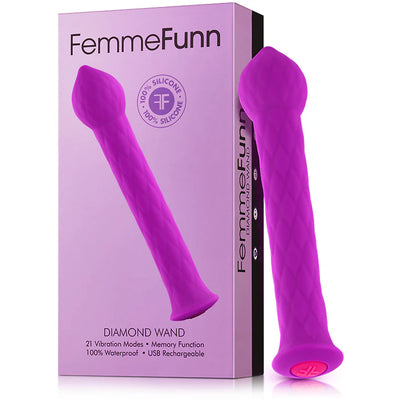 Purple textured Femme Funn Diamond Wand with pointed tip and packaging highlighting 21 vibration modes and waterproof design.
