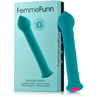 Teal textured silicone Femme Funn Diamond Wand with curved tip, shown next to matching product box.
