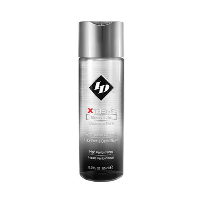 ID Xtreme Disc Cap Bottle water-based personal lubricant in sleek silver and black packaging, 2.2 fl oz size