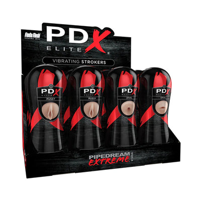 Display of PDX Elite Vibrating Strokers in black and red packaging with three types: vaginal, anal, and oral designs.